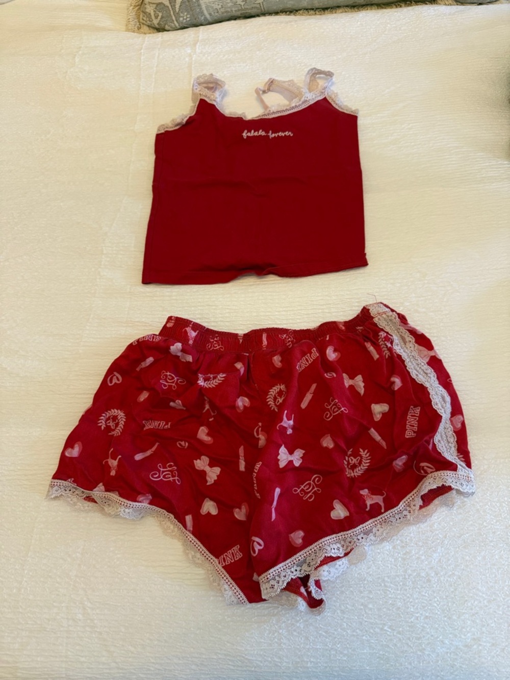 LoveShackFancy Red Lace-Trimmed Cami & Shorts Set